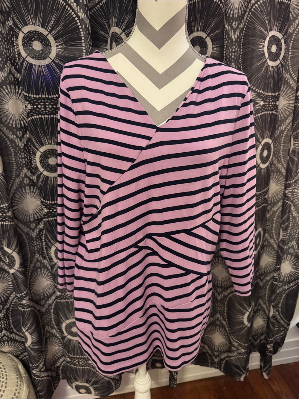 Talbots Women’s Pink and Black Striped Wrap-Style Top Size XL